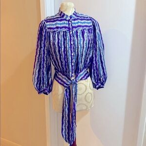 Sandro Silk Floral Stripe Purple Blue Balloon Sleeve Button Tie Cropped Blouse S
